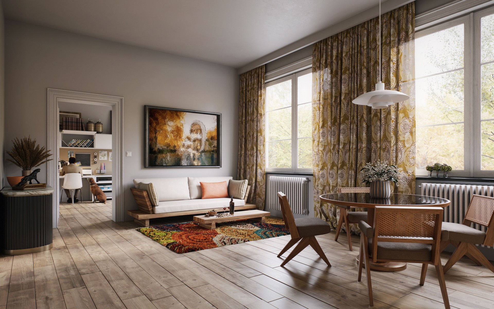 Warm and Cozy Living Space with Adjacent Home Office
